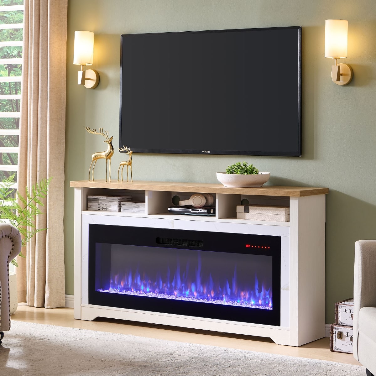 Loheer - 70 inch fireplace tv stand with 60 inch smart electric fireplace - Cream White