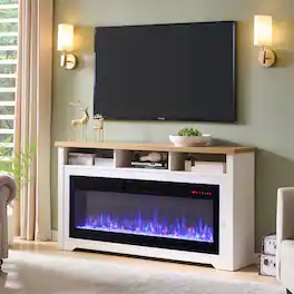 Loheer - 70 inch fireplace tv stand with 60 inch smart electric fireplace - Cream White
