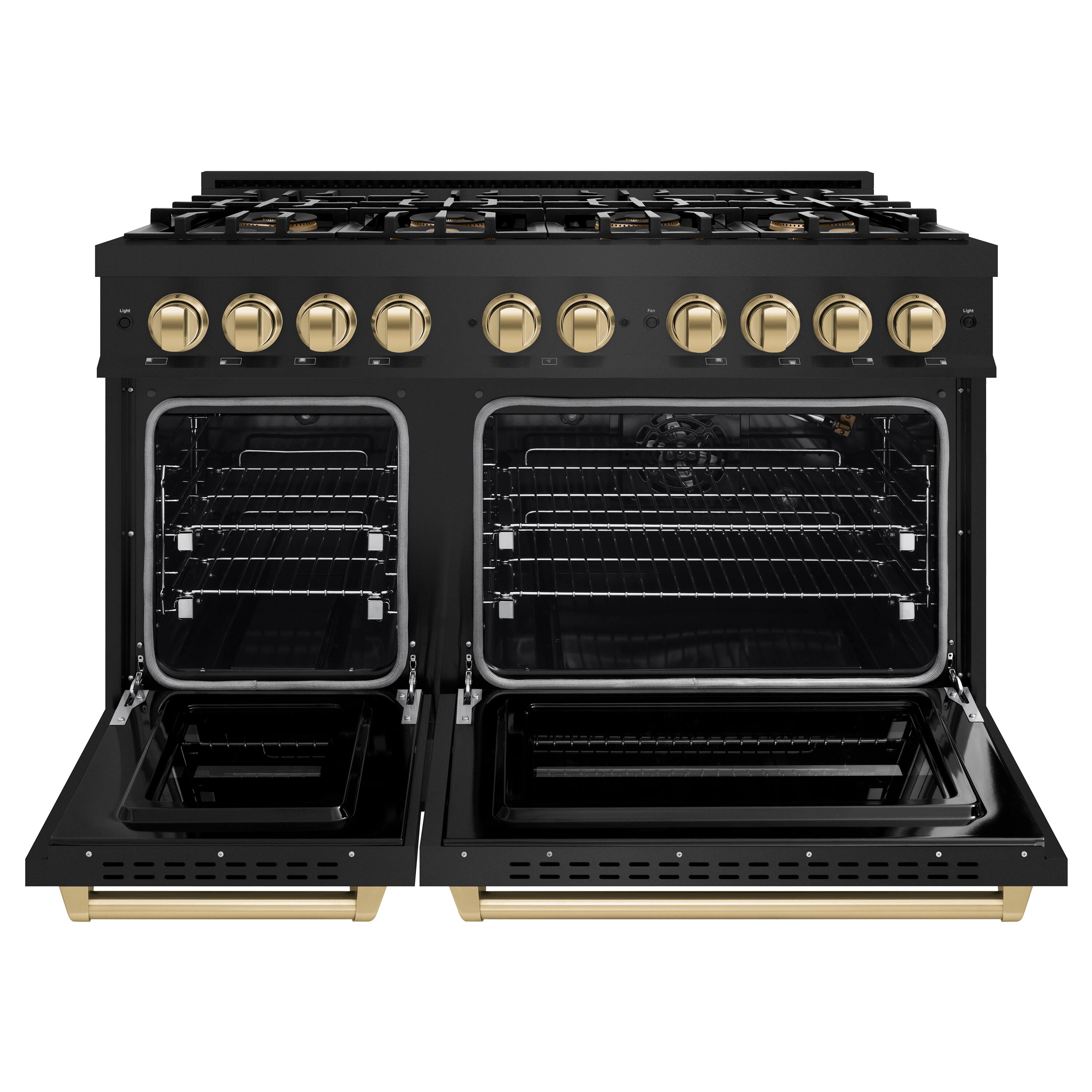 Angle. ZLINE - Autograph 48 in. 6.7 cu. ft. Classic Freestanding Gas Range with DuoPro Cooktop in Black Steel and Bronze Accents - Black Stainless Steel.