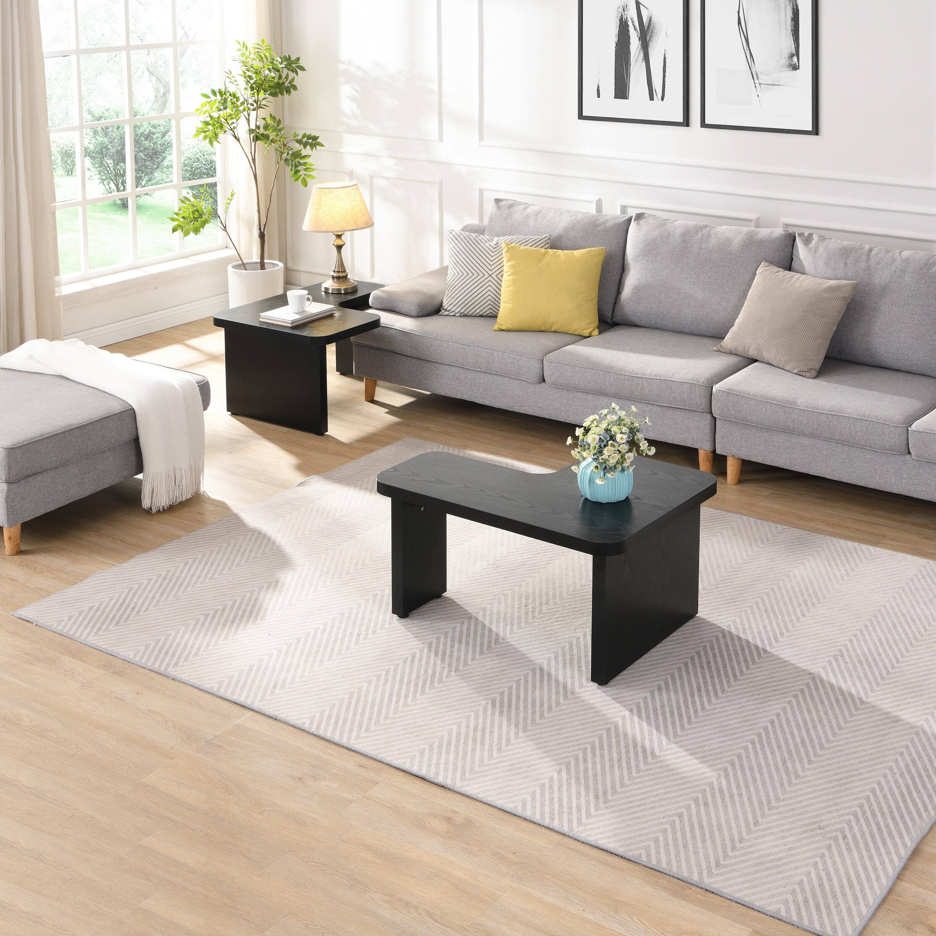 Left. APRILSOUL - Modern Simple Tempered Glass Coffee Table Solid Wood Base Round Transparent Top Living Room Study - Black.
