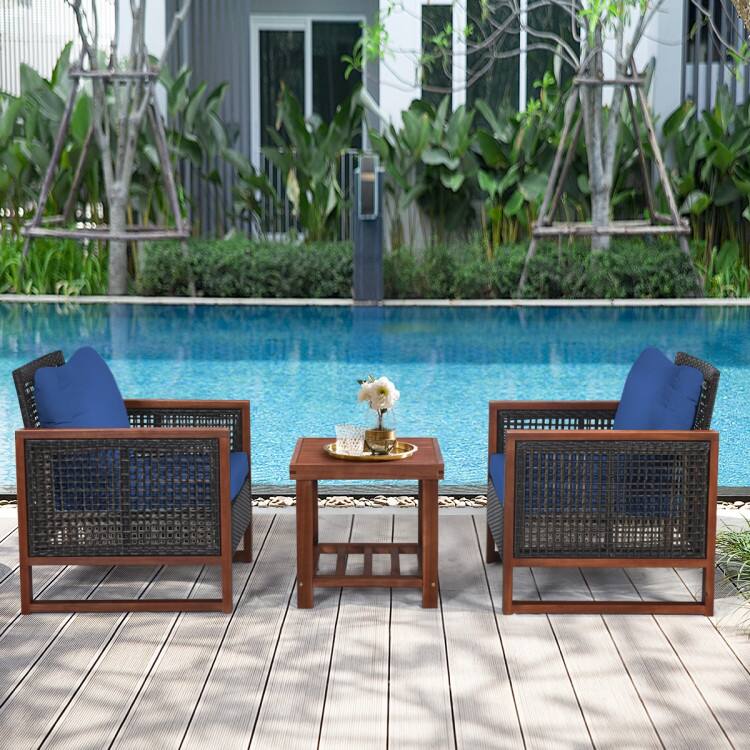 Alt View 2. Mondawe - 3-Piece Patio Wicker Furniture Set w/ Acacia Wood Table, Outdoor Rattan Chairs with Washable Cushions - Blue.