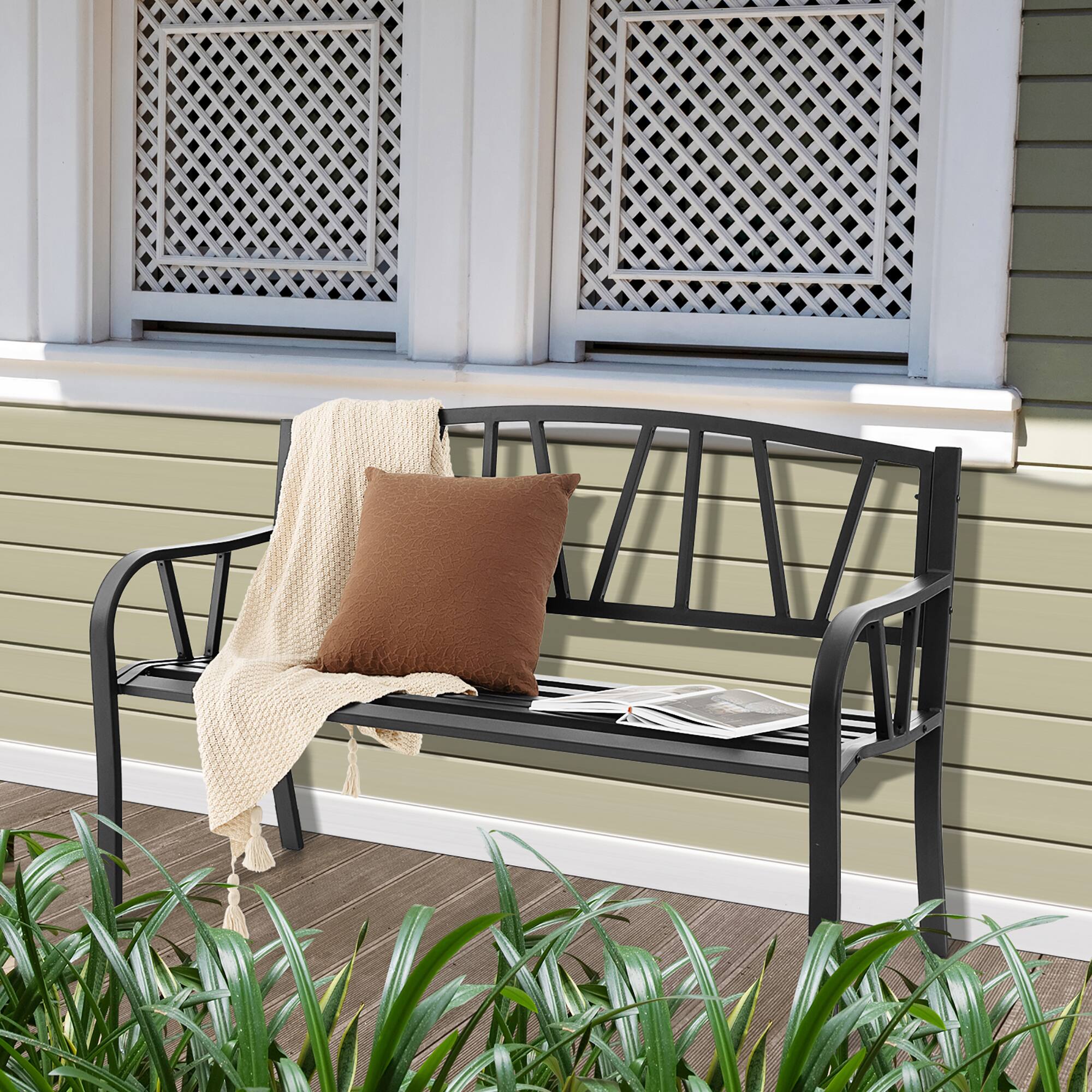 Alt View 4. Costway - Costway Outdoor Patio Garden Bench Metal Frame with Ergonomic Armrest 660 Lbs Max Load - Black.
