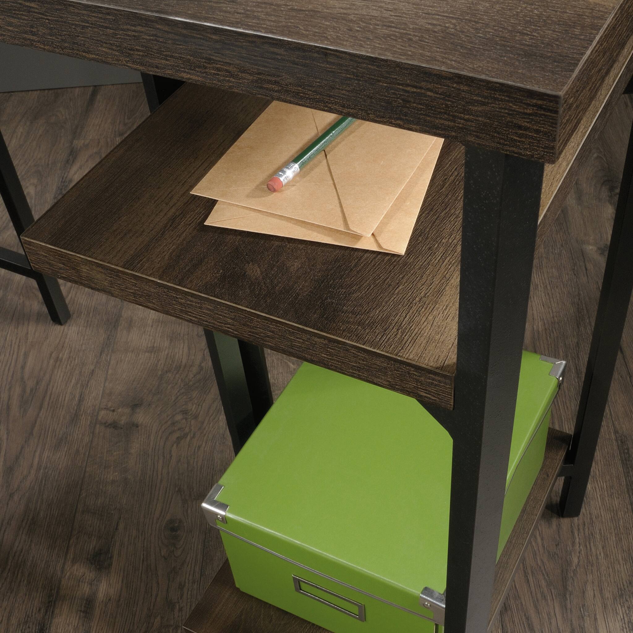 Back. Spaco - Rustic L-Shaped Desk, Hidden Compartments, Adjustable Shelves, Home Office - Brown.