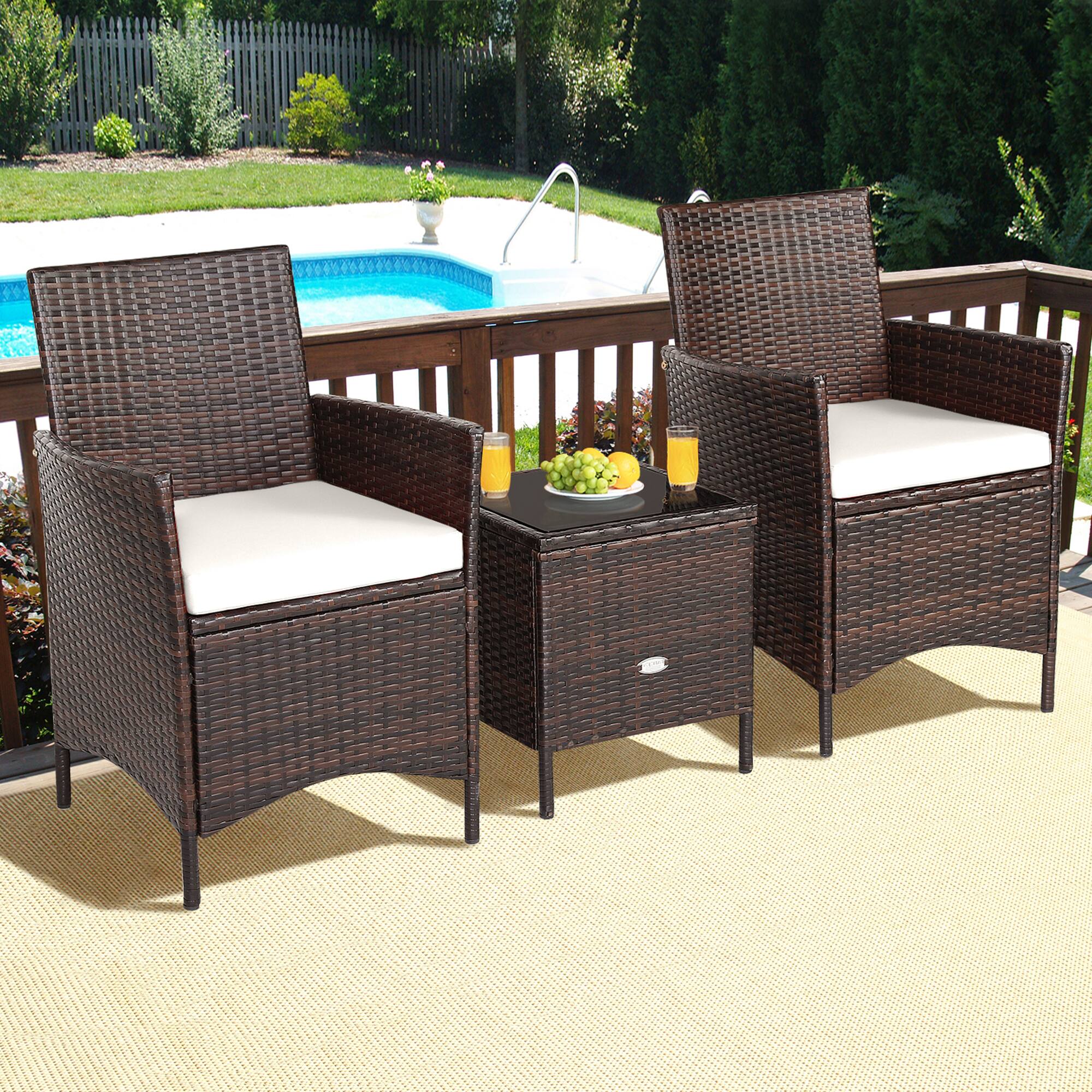 Alt View 3. Gymax - Gymax 3PCS Outdoor Rattan Conversation Set Patio Furniture Set w/ White Cushions - White.