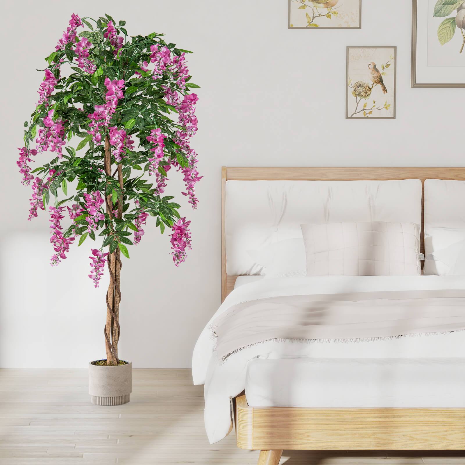 Alt View 4. Costway - Costway 2 PCS 5.5 FT Tall Artificial Ficus Tree Faux Wisteria Plant in Nursery Pot Decoration Pink - Green,Brown,Rosy.