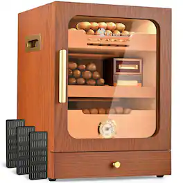 KingChii - 20L Cigar Humidor Storage Cabinet with Temp Control, Spanish Cedar Shelves and Hygrometer(200 Capacity) - Brown