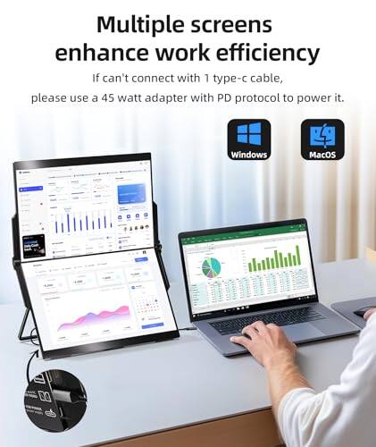Multiple screens enhance work efficiency. If you can't connect with 1 type-c cable, please use a 45 watt adapter with PD protocol to power it.

Windows
MacOS