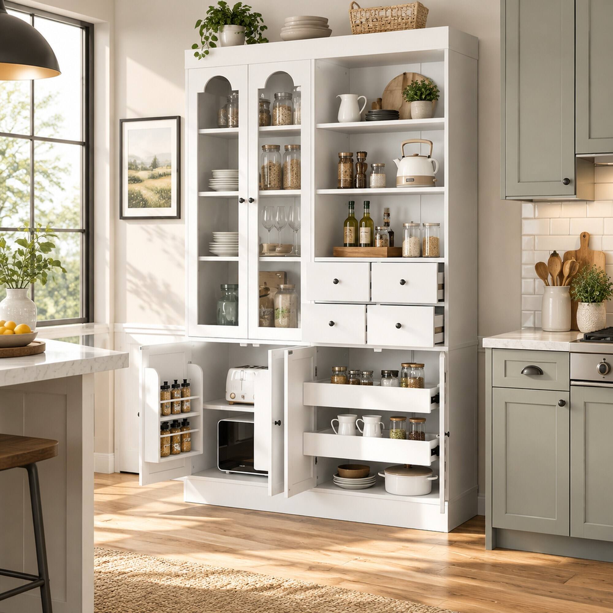 Angle. RYHNUYNE - Freestanding Buffet with Hutch, Tall Kitchen Pantry Cabinet with 4 Drawers and Pull-Out Trays, White - White.