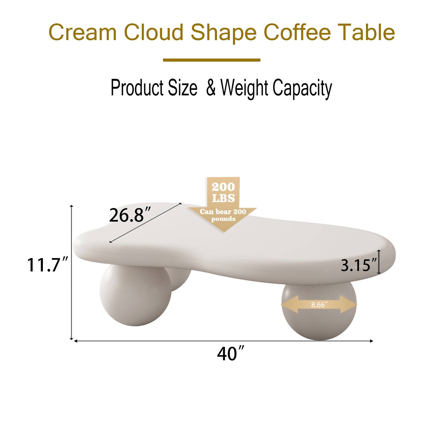 Cream Cloud Shape Coffee Table

Product Size & Weight Capacity

26.8" x 11.7" x 3.15" x 8.66" x 40"

Can bear 200 pounds