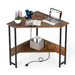 Costway - Triangle Computer Desk Corner Desk Home Office w/Power Outlets USB Ports - Rustic Brown