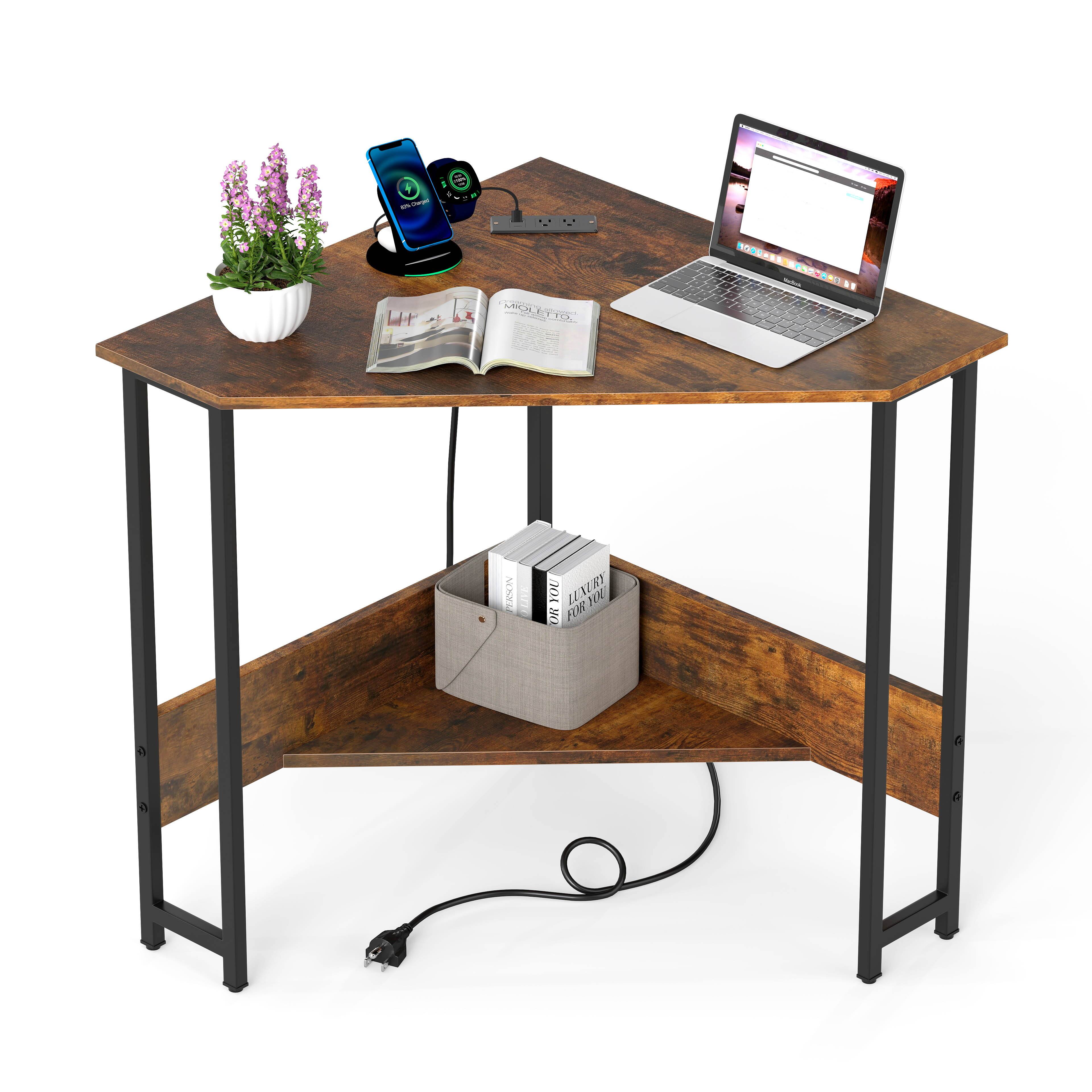 Costway - Triangle Computer Desk Corner Desk Home Office w/Power Outlets USB Ports - Rustic Brown