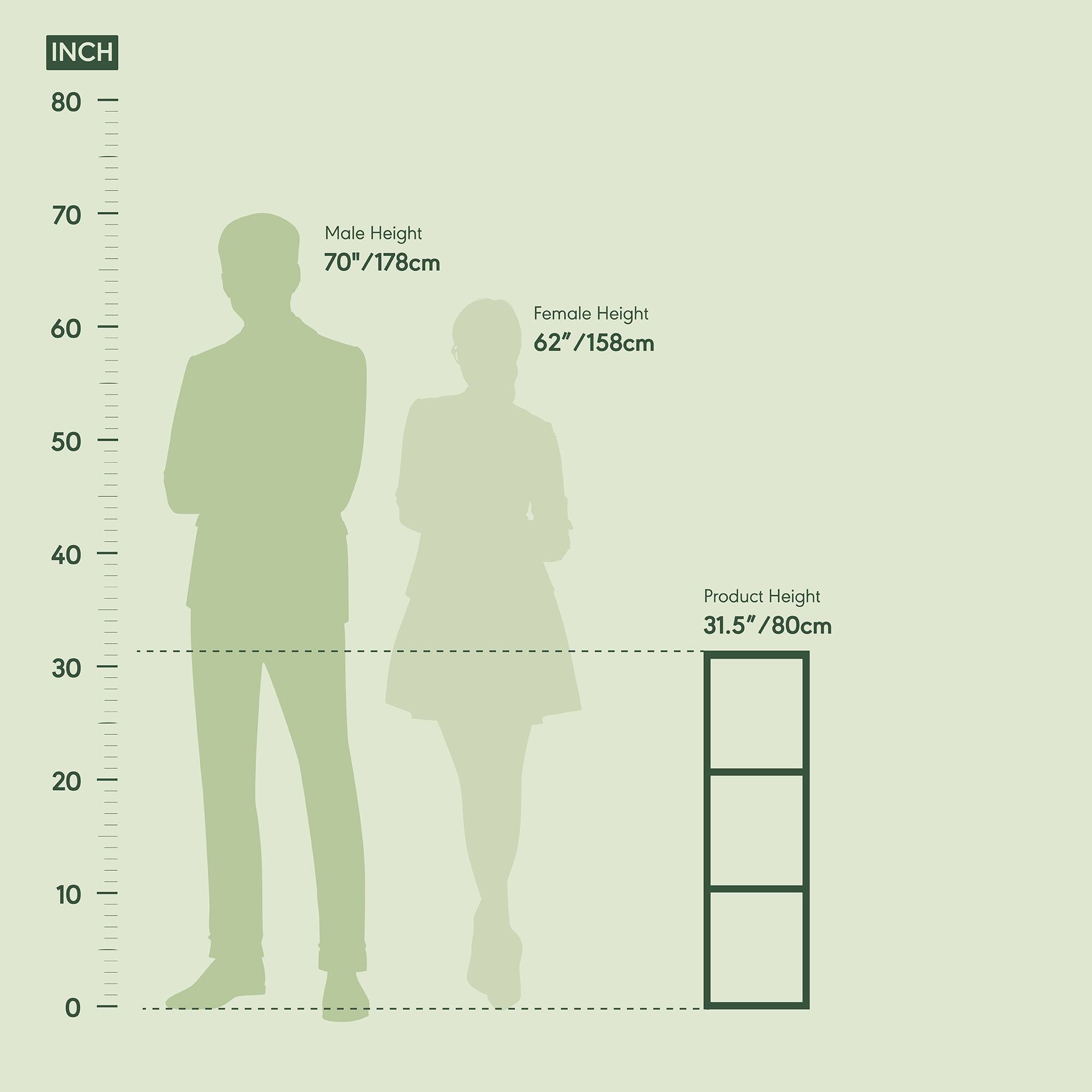 INCH

80  
70 Male Height 70" / 178cm  
60 Female Height 62" / 158cm  
50  
40  
30 Product Height 31.5" / 80cm  
20  
10  
0