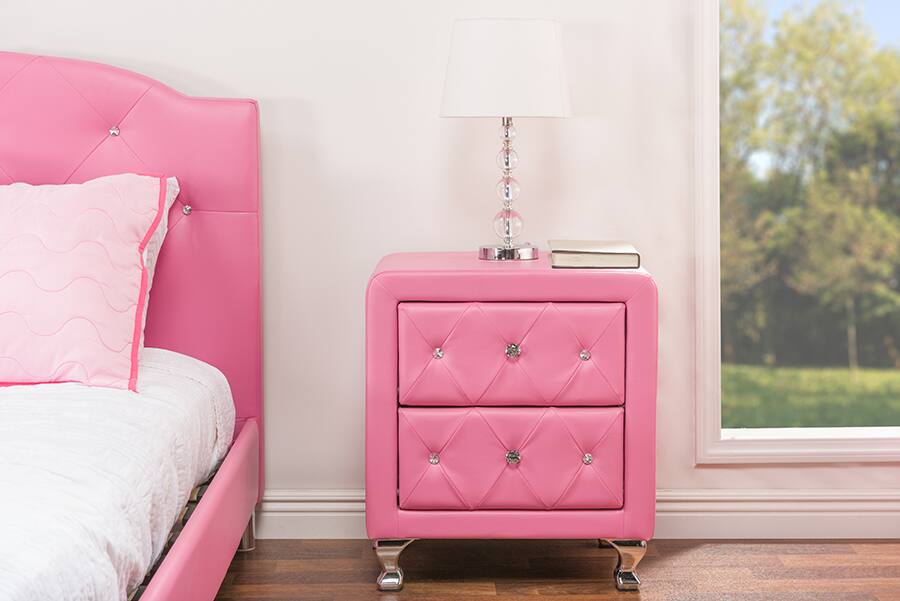 Alt View 1. Baxton Studio - Stella Crystal Tufted Leather Modern Nightstand - Pink.