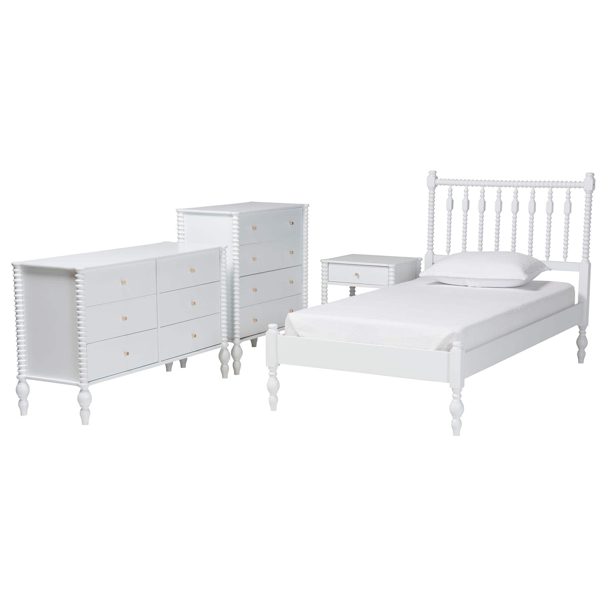 Baxton Studio - Denita Spindle 4-Piece Bedroom Set - Farmhouse Platform Bed with Matching Dresser, Chest, and 1-Drawer Nightstand, Twin - White