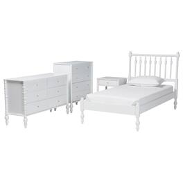 Baxton Studio - Denita Spindle 4-Piece Bedroom Set - Farmhouse Platform Bed with Matching Dresser, Chest, and 1-Drawer Nightstand, Twin - White
