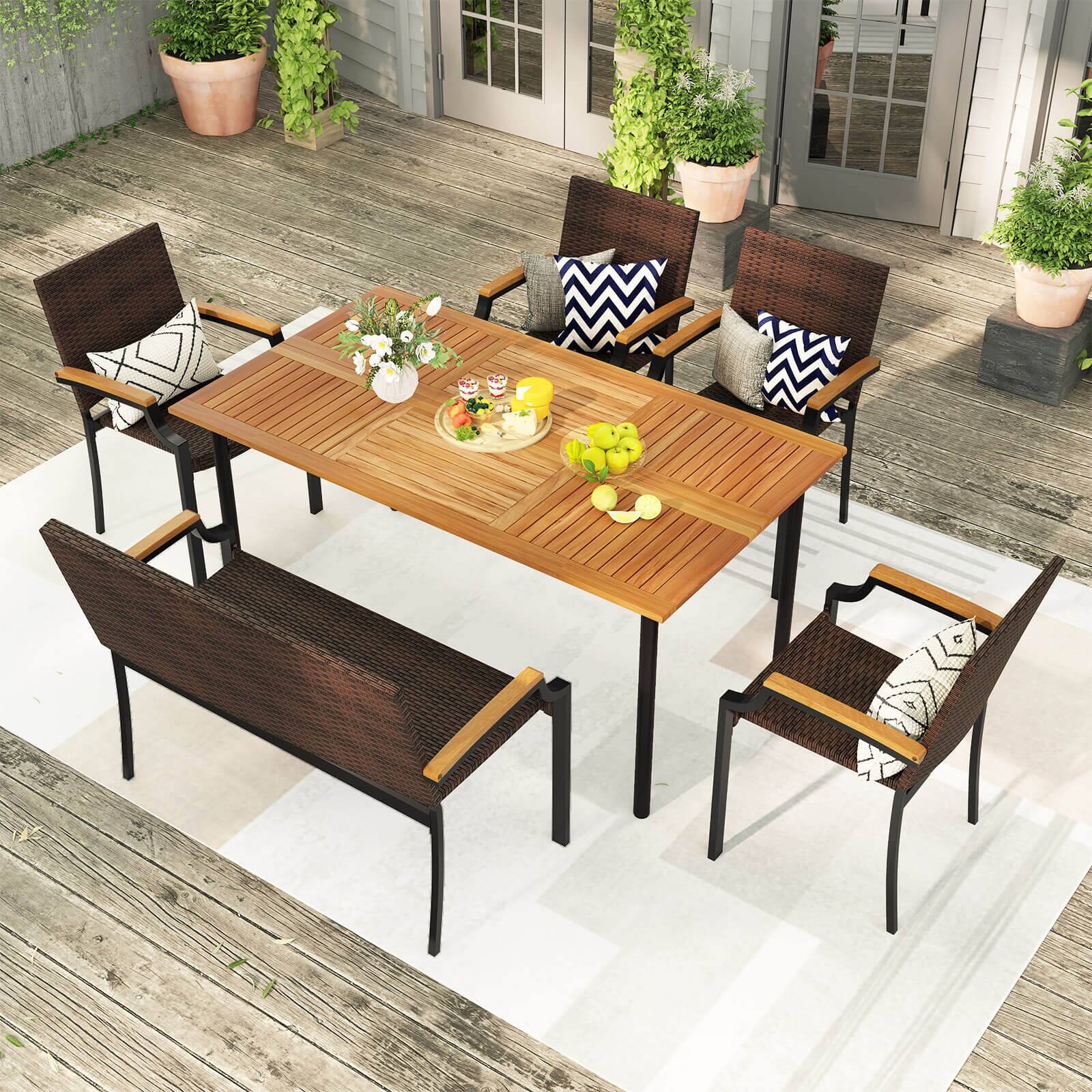 Alt View 1. Costway - Costway 6 PCS Outdoor Dining Set with Acacia Wood Tabletop, 1.97" Umbrella Hole for Deck - Mix Brown.