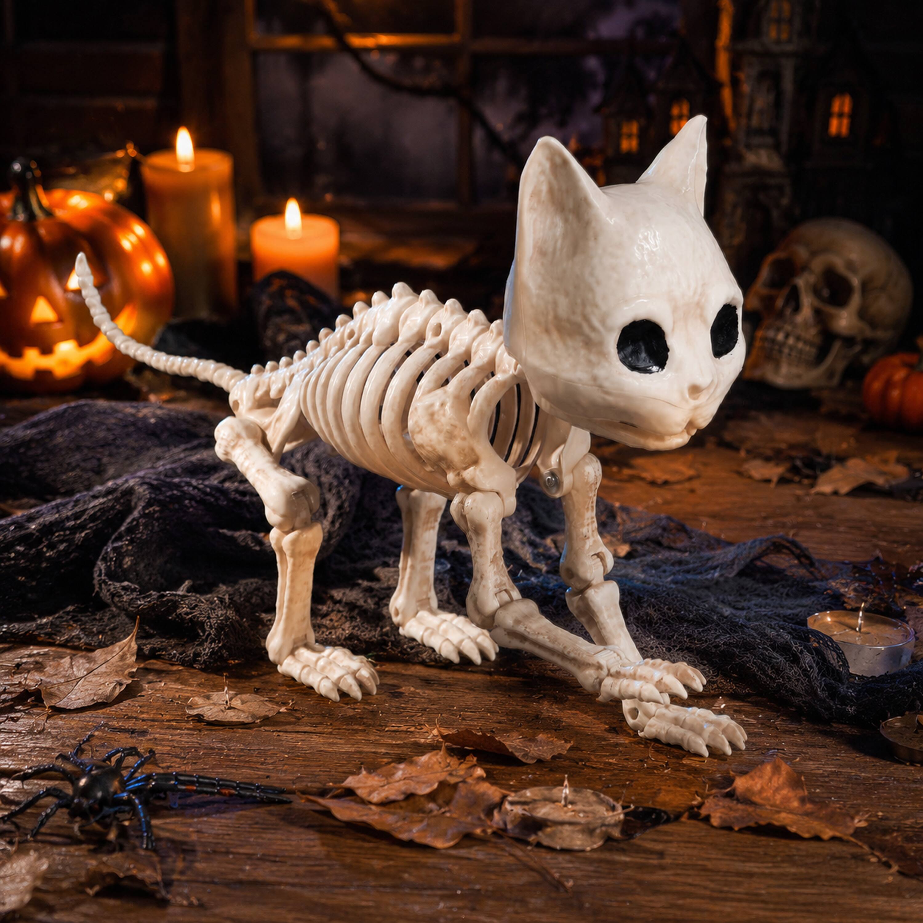 Front. Joyfy - 8 Inch Cat Skeleton Halloween Decoration with Movable Joints for Indoor Outdoor Yard Garden Lawn Patio Party Favors - White.