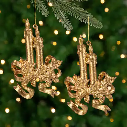 Front. CC Christmas Decor - Glittered Holly Berry Double Candle Christmas Ornaments - 5.5" - Gold - Set of 2 - Gold.
