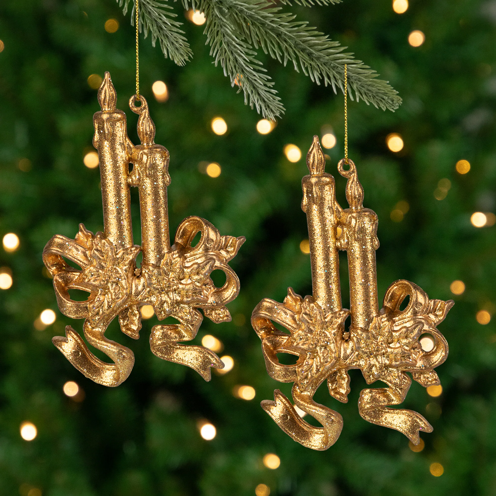 CC Christmas Decor - Glittered Holly Berry Double Candle Christmas Ornaments - 5.5" - Set of 2 - Gold