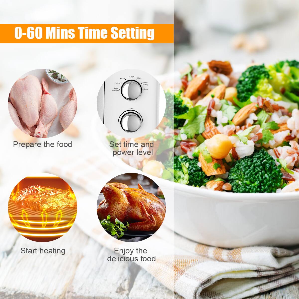 0-60 Mins Time Setting

- Prepare the food
- Set time and power level
- Start heating
- Enjoy the delicious food