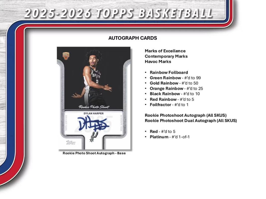 2025-2026 TOPPS BASKETBALL

AUTOGRAPH CARDS

Marks of Excellence
- Rainbow Foilboard - #’d to 99
- Green Rainbow - #’d to 50
- Gold Rainbow - #’d to 25
- Orange Rainbow - #’d to 10
- Black Rainbow - #’d to 5
- Foilfractor - #’d to 1

Contemporary Marks
- Red Rainbow - #’d to 5

Havoc Marks
- Platinum - #’d 1-of-1

Rookie Photoshoot Autograph (All SKUS)
- Red - #’d to 5

Rookie Photoshoot Dual Autograph (All SKUS)

Rookie Photoshoot Autograph - Base

Rookie Photo Shoot Autograph - Base