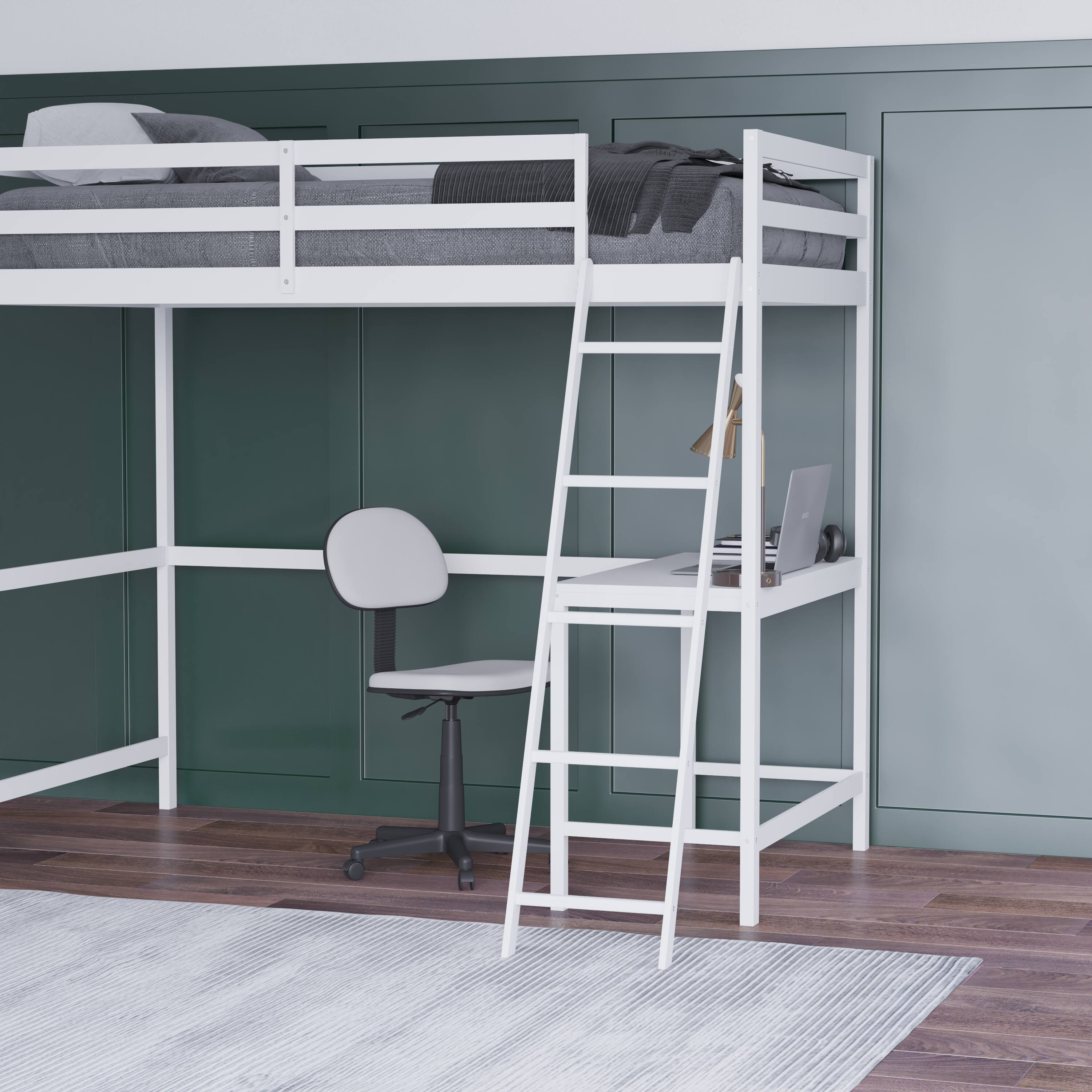 Alt View 4. Emma + Oliver - Wooden Loft Bed Frame with Integrated Desk and Ladder - White.