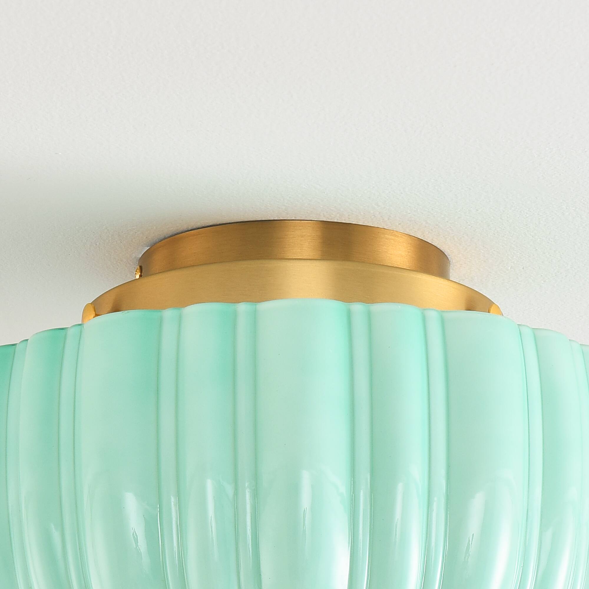 Alt View 6. Parrot Uncle - 13-Inch Vintage Green Ribbed Opal Glass 3-Light Flush Mount Ceiling Light - Gold.