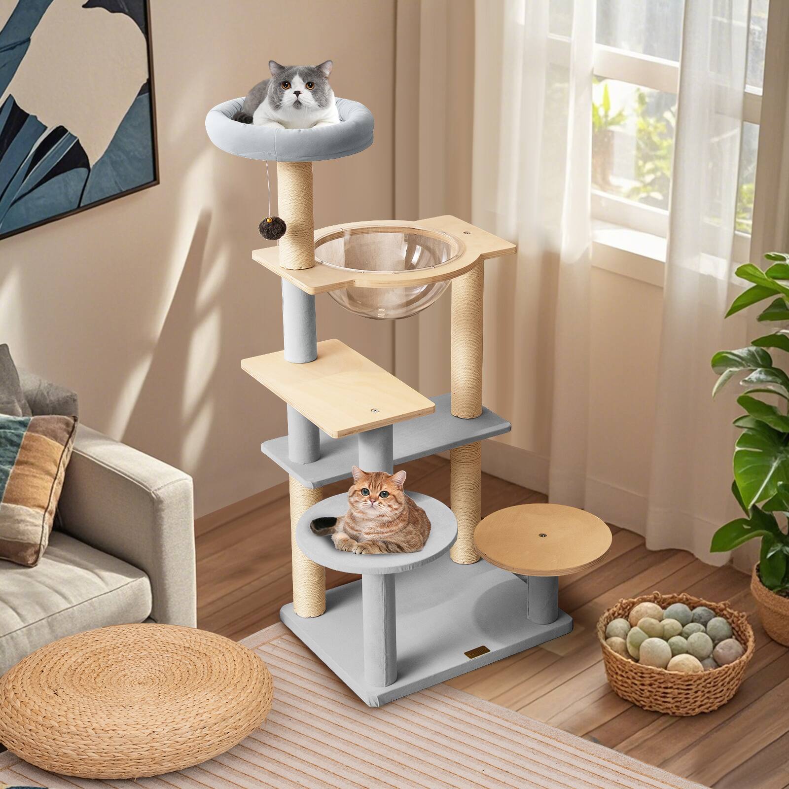 Alt View 1. Costway - Costway Cat Tree Tower w/ Jumping Platforms Plush Climbing Activity Tower for Small Large Cats and Kittens - Natural.