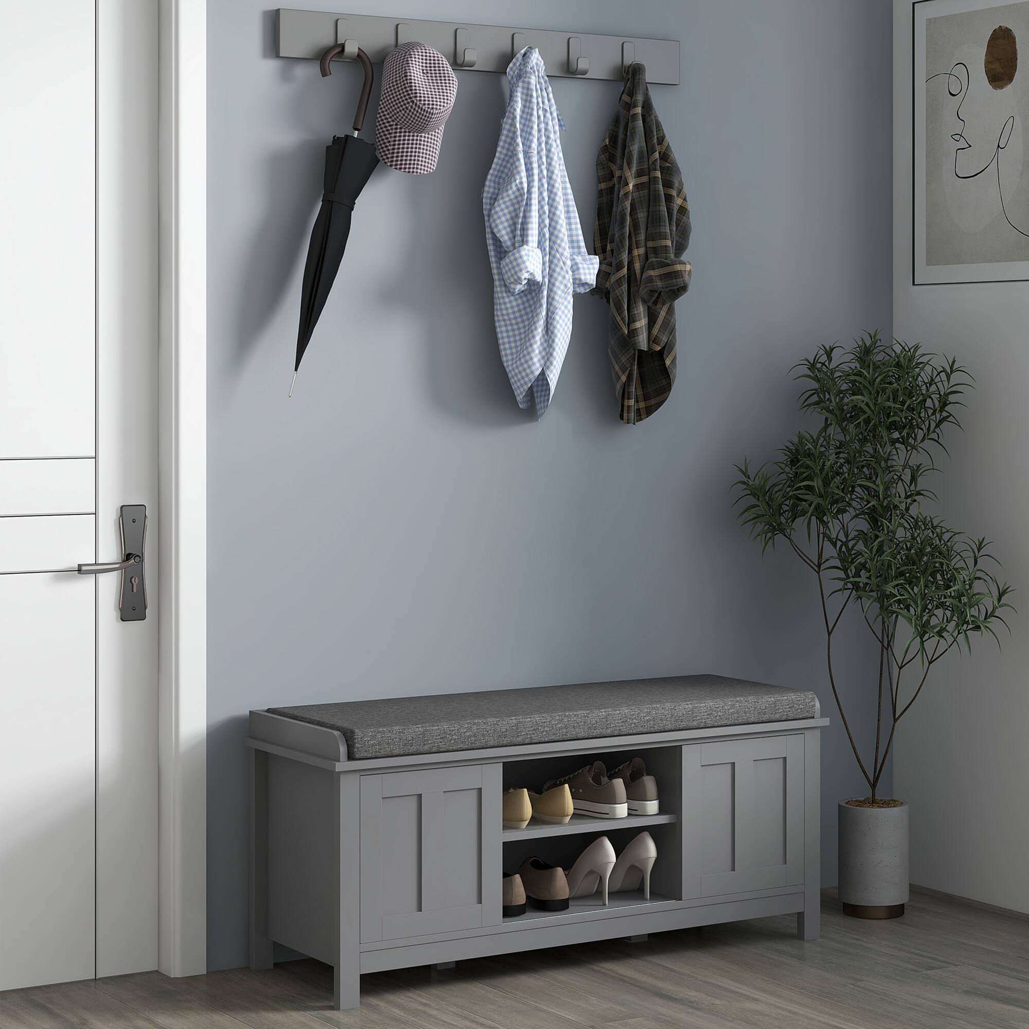 Alt View 8. Homcom - Entryway Shoe Bench Storage Ottoman with Sliding Doors, Adjustable Shelving, 6 Compartments, and Padded Seat - Gray.