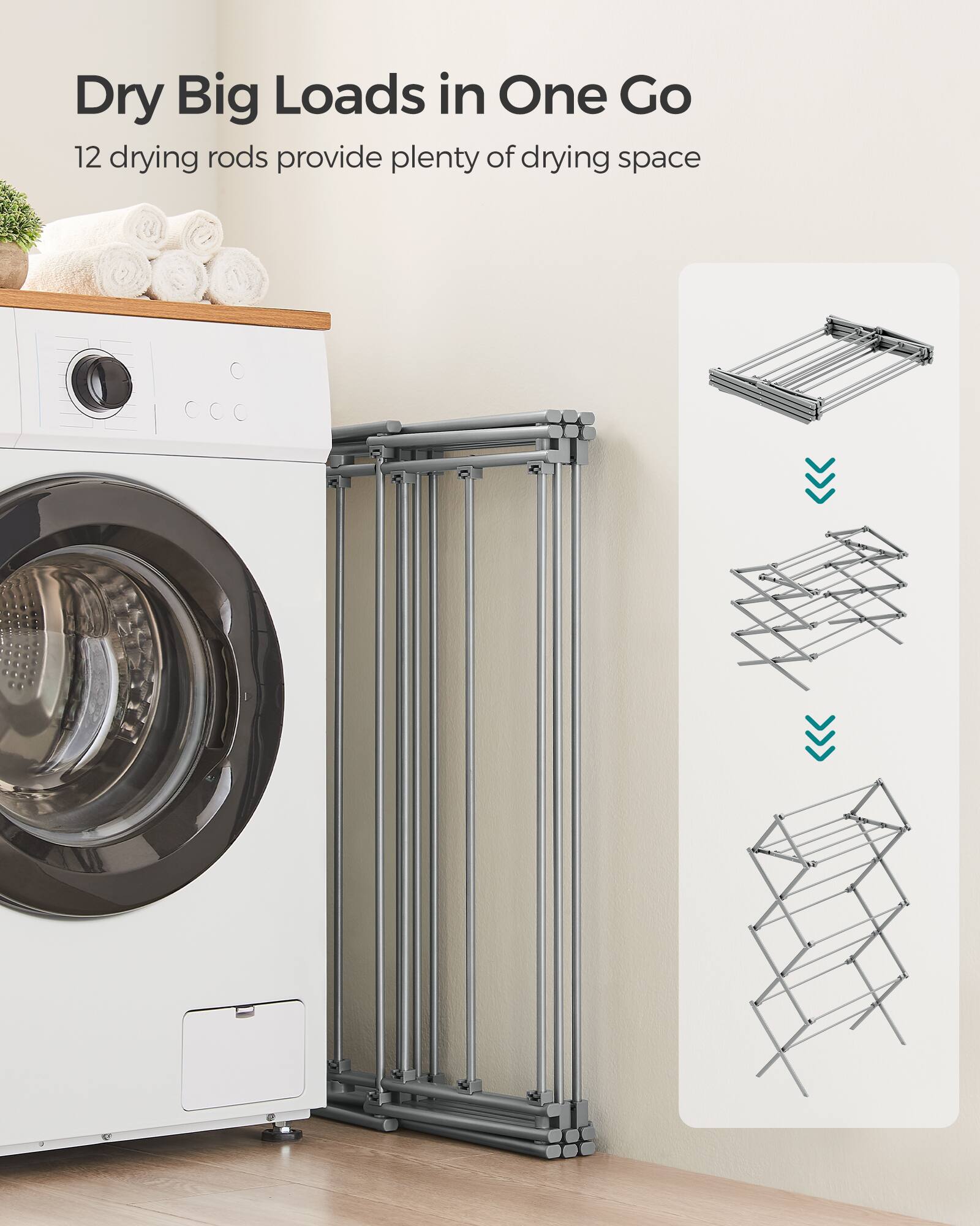 Dry Big Loads in One Go  
12 drying rods provide plenty of drying space