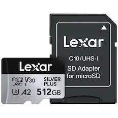 Lexar C10/UHS-I SD Adapter for microSD
MicroSD V30 SILVER PLUS
XC I
A2
512GB