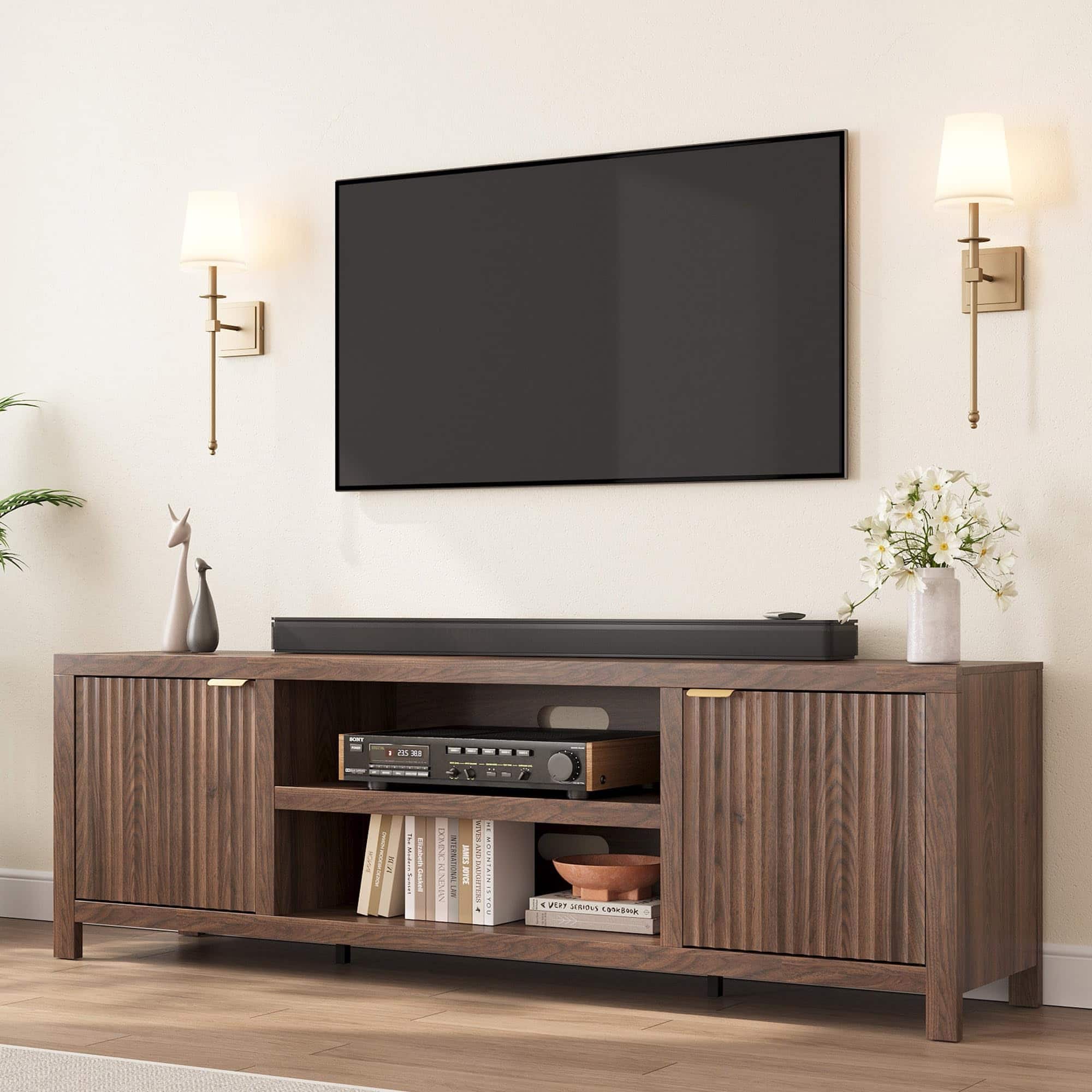 Qeetex - 70" Fluted TV Stand for 80 Inch TV, Modern Wooden Media Console with Storage, Gold Handles & Fluted Doors - Walnut