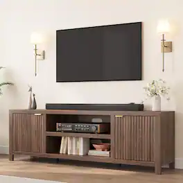 Qeetex - 70" Fluted TV Stand for 80 Inch TV, Modern Wooden Media Console with Storage, Gold Handles & Fluted Doors - Walnut