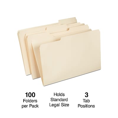 100 Folders per Pack  
Holds 3 Standard Tab Legal Size Positions