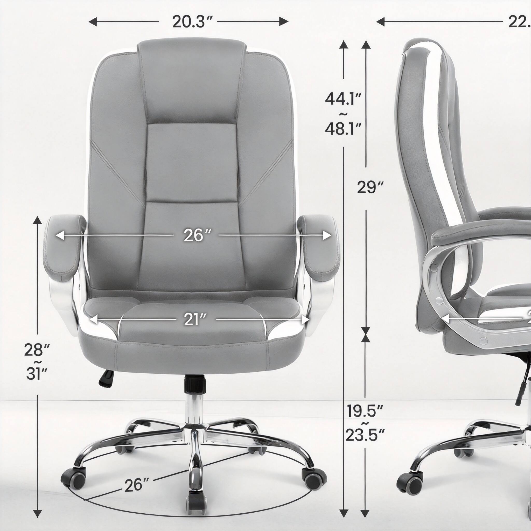 20.3"  
22.44.1" ~ 48.1"  
29"  
26"  
21"  
28" ~ 31"  
19.5" ~ 23.5"  
26"