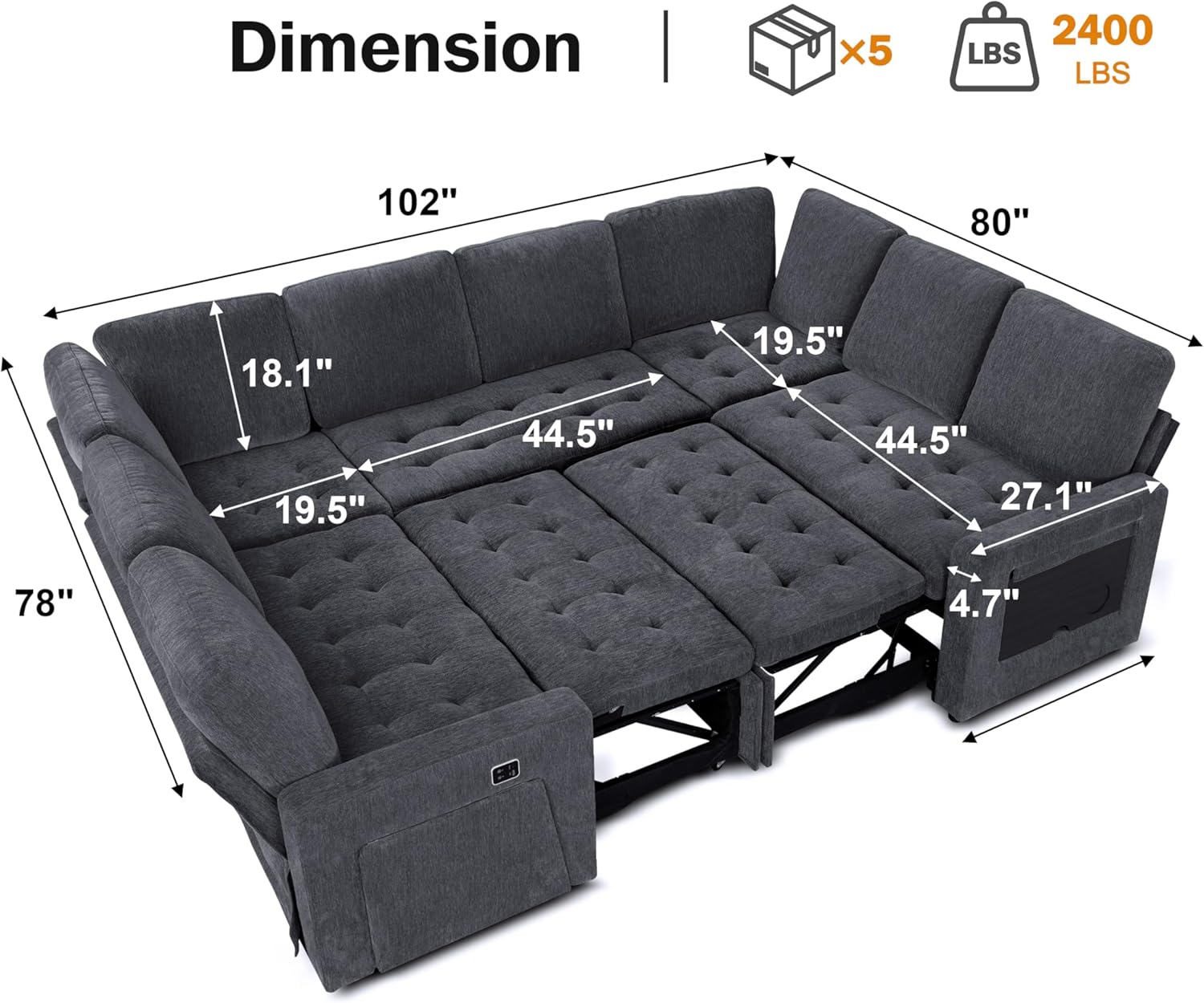 Angle. Dyonery - Dyoney 102-inch, large combination U-shaped sofa, with pull-out bed/reclining backrest/table/storage, tool-free assembly - Grey.