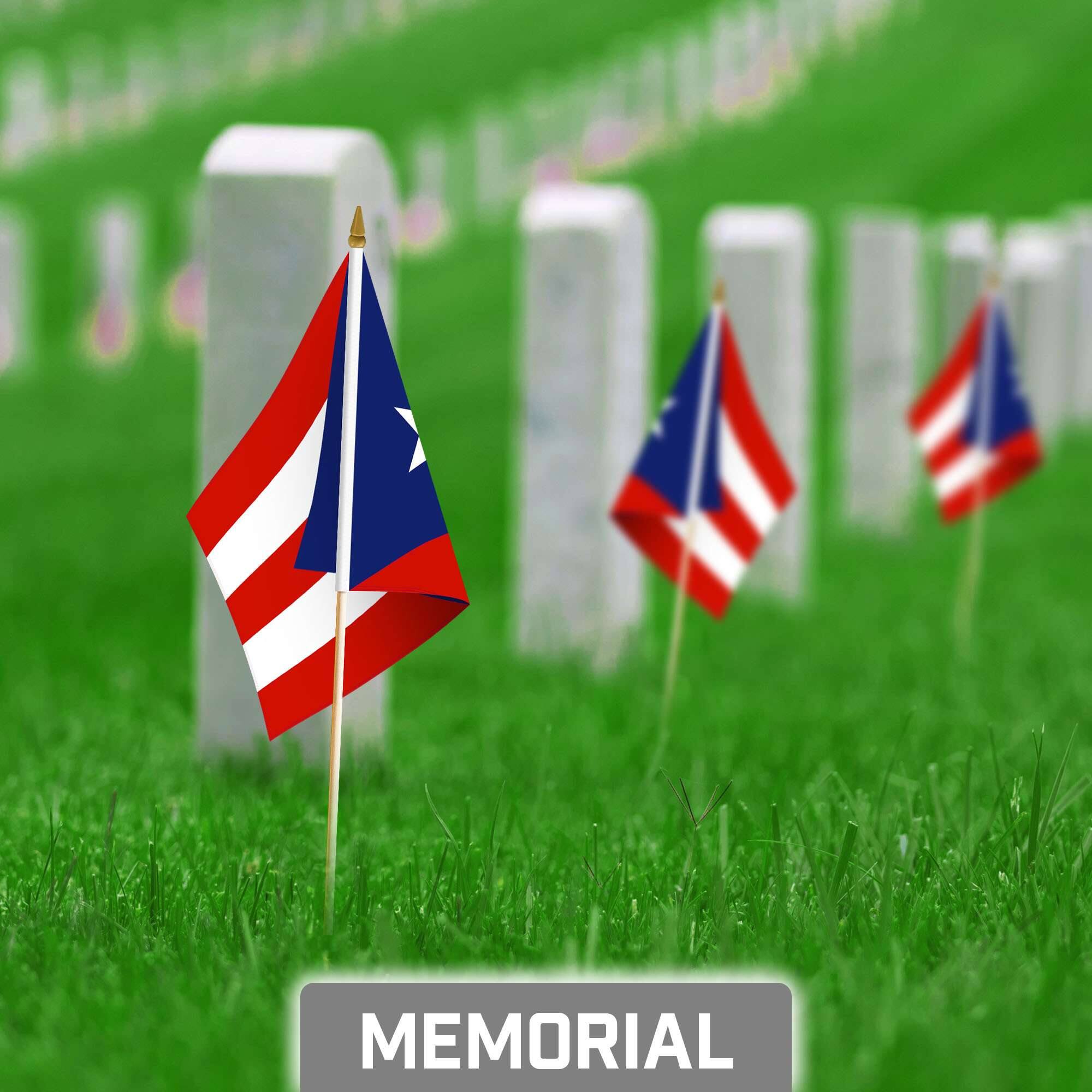 Back. G128 - 30-Pack Handheld Puerto Rico Stick Flags — 8 x 12 in, 150D Polyester, Wooden Stick with Gold Spear Tip. - Red, White, Blue.