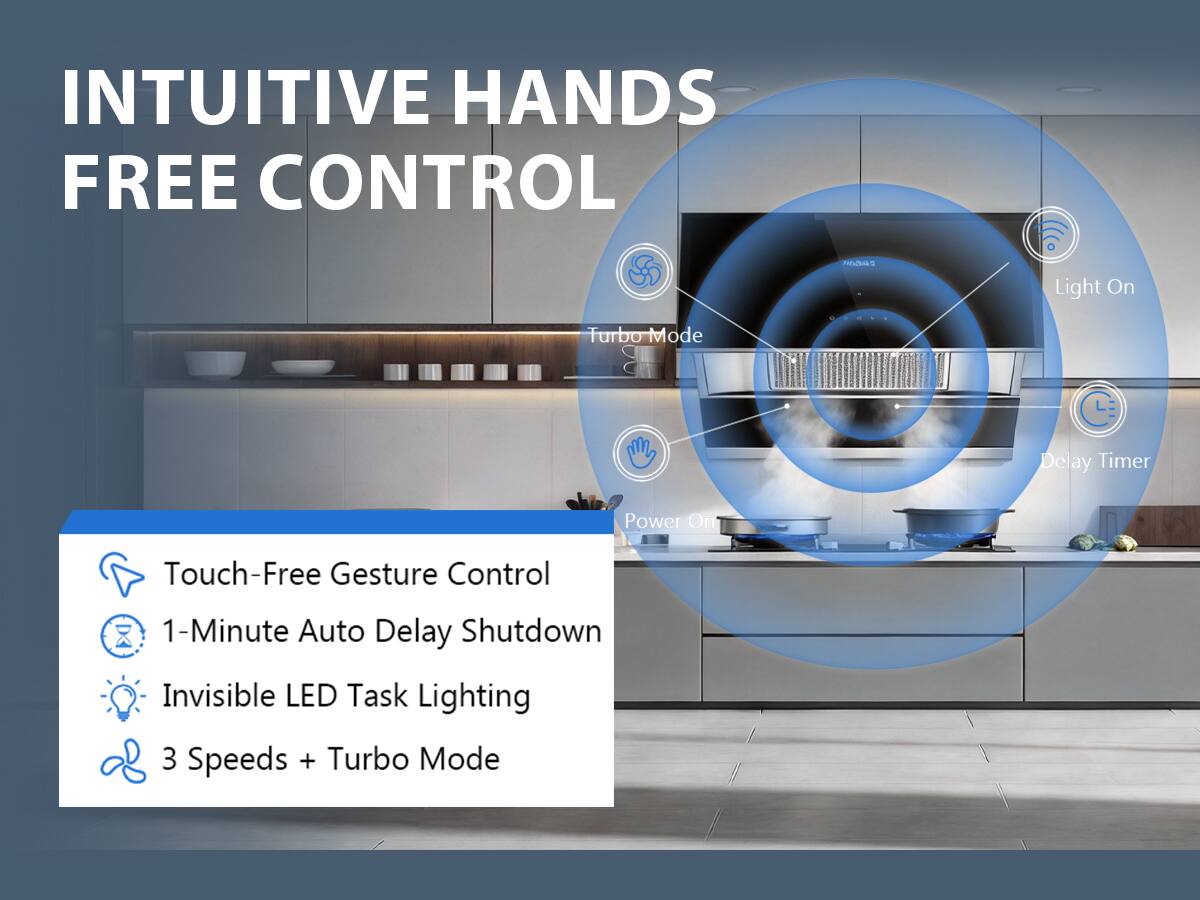INTUITIVE HANDS FREE CONTROL

- Light On
- Turbo Mode
- Delay Timer
- Power On
- Touch-Free Gesture Control
- 1-Minute Auto Delay Shutdown
- Invisible LED Task Lighting
- 3 Speeds + Turbo Mode