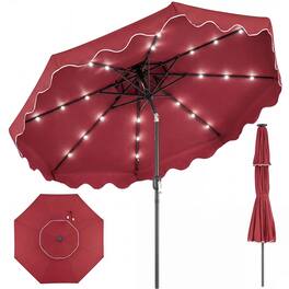 Costway - 9 FT Solar LED Patio Umbrella, Push-Button Tilt & Crank, 24 LED Lights & 8 Ribs - Red