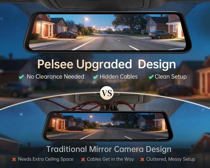 Pelsee Upgraded Design  
No Clearance Needed  
Hidden Cables  
Clean Setup  

VS  

Traditional Mirror Camera Design  
Needs Extra Ceiling Space  
Cables Get in the Way  
Cluttered, Messy Setup