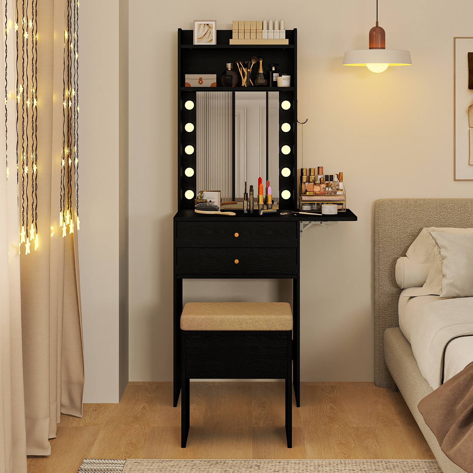 Alt View 3. Gymax - Gymax Vanity Desk Set w/ Mirror and Lights 3-Color Lighted Mirror Cushioned Stool Black - Black.