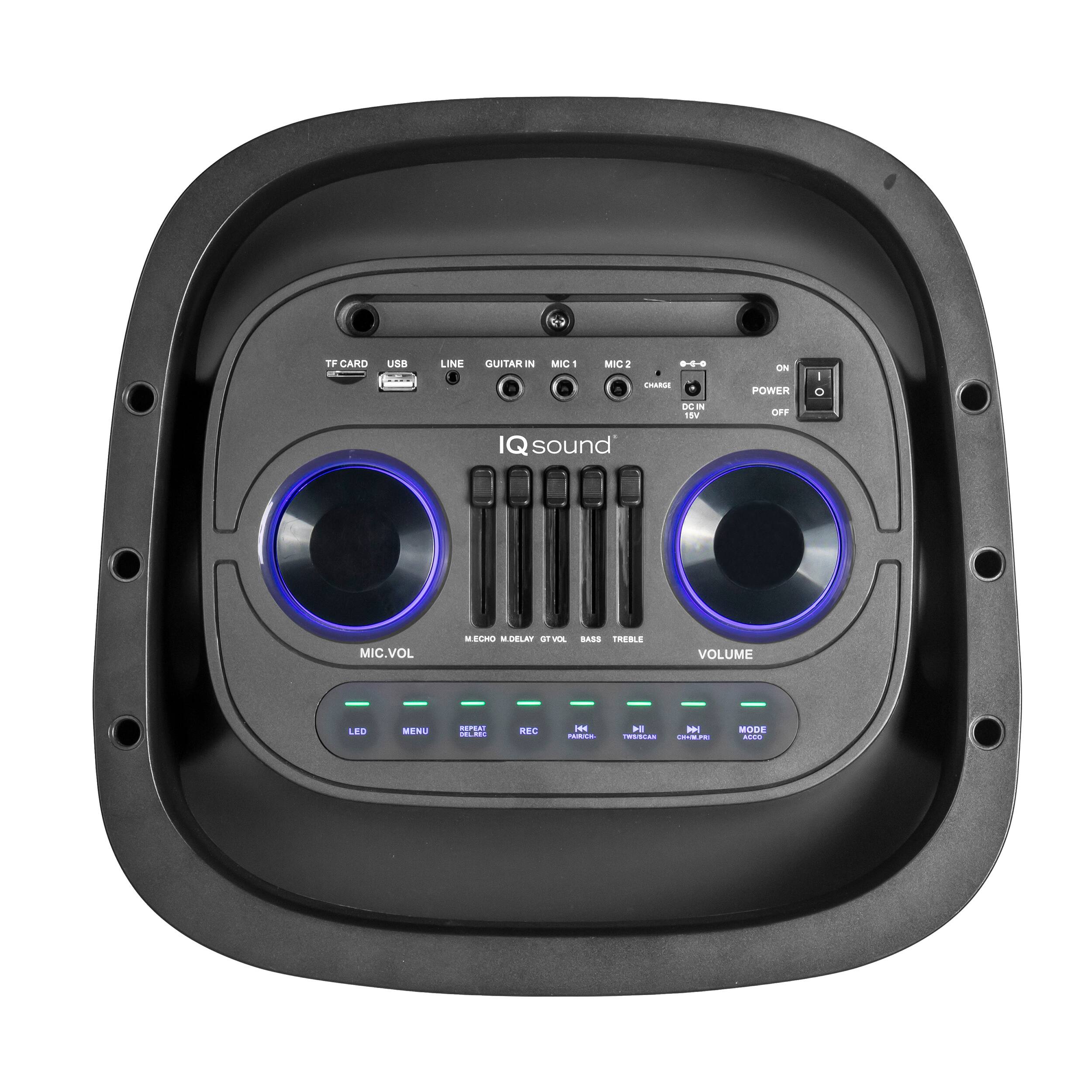 TF CARD USB LINE GUITAR IN MIC - MIC2 2 ... CHARGE SE 1 19% POWER OFF DC IN 15V IQ sound MIC.VOL MEGHO DELAY G VOL BASS TREBLE VOLUME LED MENU REC DELAY MODE