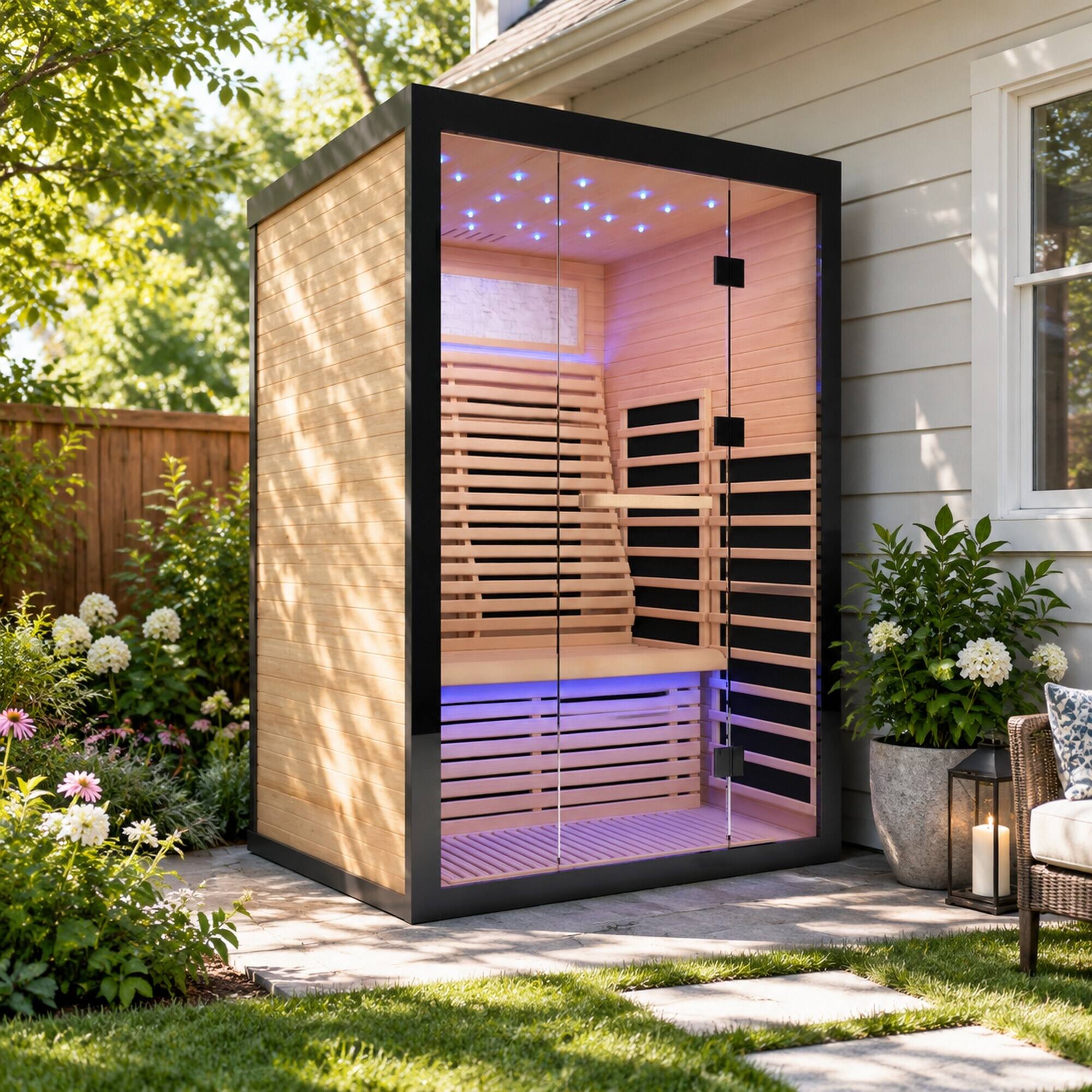 Alt View 2. RYHNUYNE - 2 Person Far Infrared Home Sauna, Canadian Hemlock Wood, 8 Heating Plates, 2160W, Starry Ceiling Lights, Indoor Spa - Black+Natural.