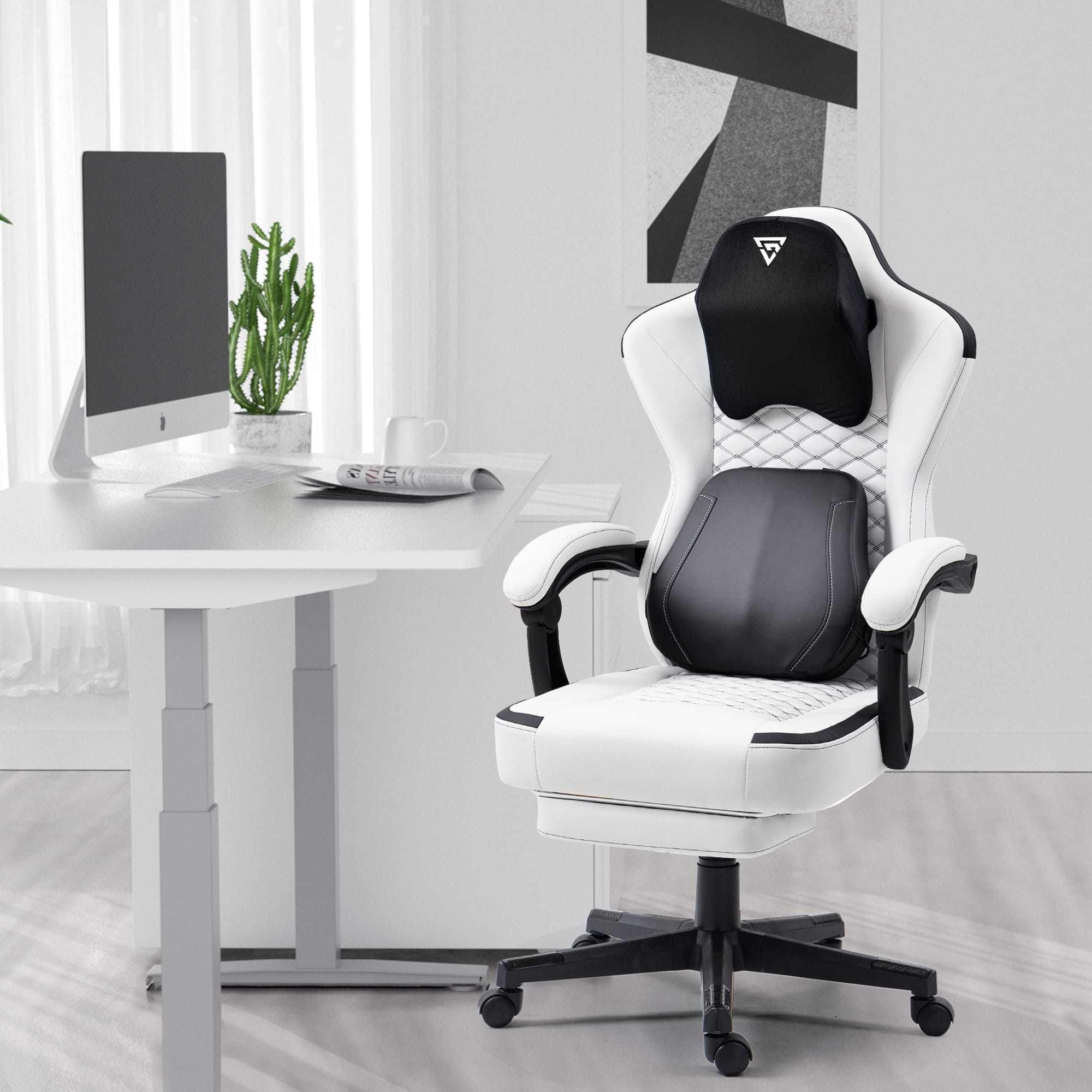 Akoasm - Ergonomic Gaming Chair Computer Chair Recliner with Heated Massage Lumbar Support, Spring Cushion and Footrest - White