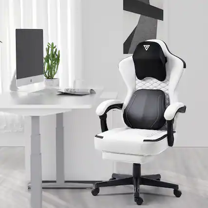 Front. Akoasm - Ergonomic Gaming Chair Computer Chair Recliner with Heated Massage Lumbar Support, Spring Cushion and Footrest, White - White.