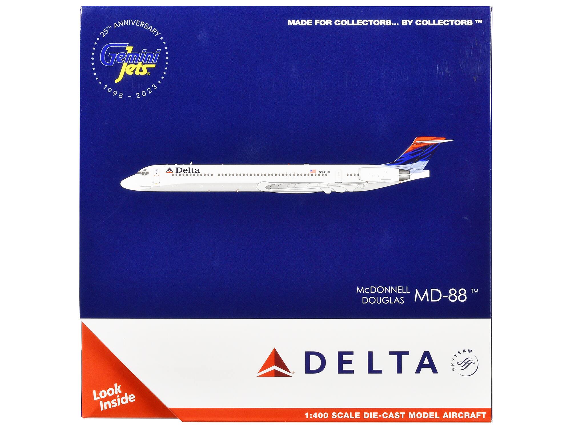 25th Anniversary  
Gemini Jets  
1998 - 2023  

MADE FOR COLLECTORS... BY COLLECTORS™  

McDONNELL DOUGLAS MD-88™  

DELTA  
SKYTEAM  

1:400 SCALE DIE-CAST MODEL AIRCRAFT  

Look Inside