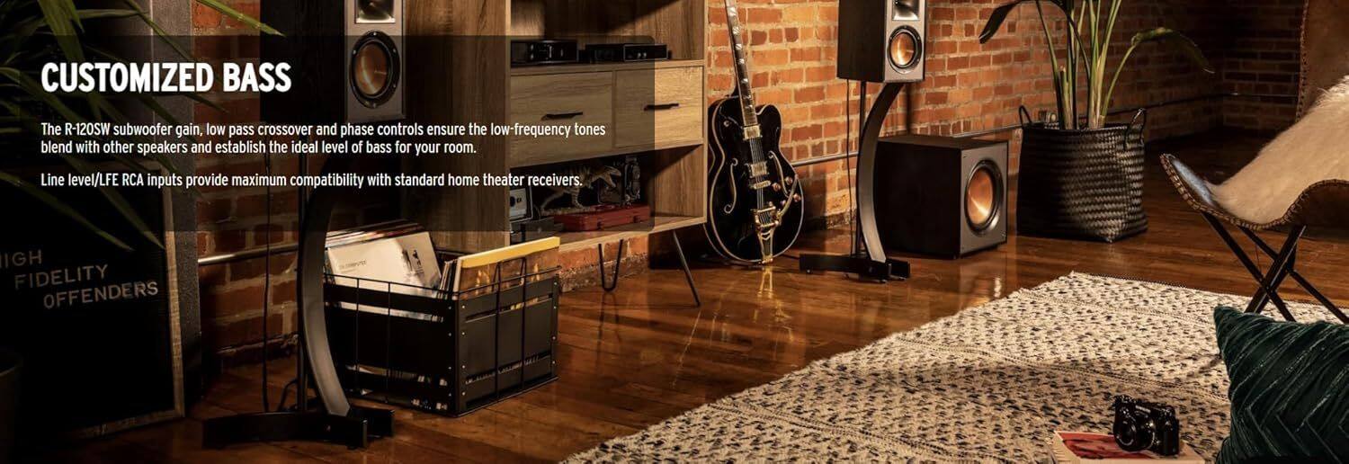 CUSTOMIZED BASS

The R-120SW subwoofer gain, low pass crossover and phase controls ensure the low-frequency tones blend with other speakers and establish the ideal level of bass for your room. Line level/LFE RCA inputs provide maximum compatibility with standard home theater receivers.

HIGH FIDELITY OFFENDERS