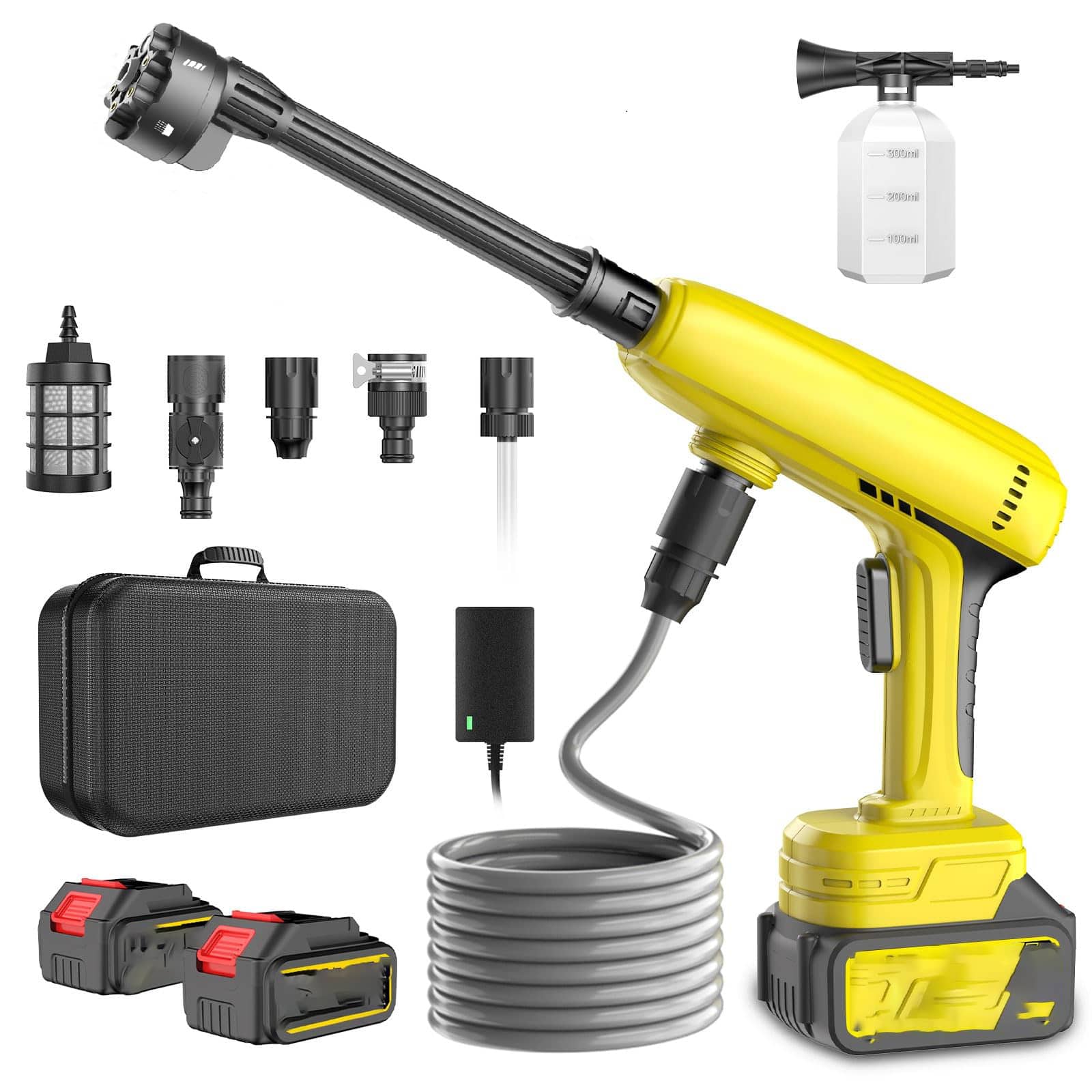 GlowWise - Cordless 1250 PSI Pressure Washer with 2 Batteries & 6-in-1 Nozzle, Portable Power Washer for Home - Yellow