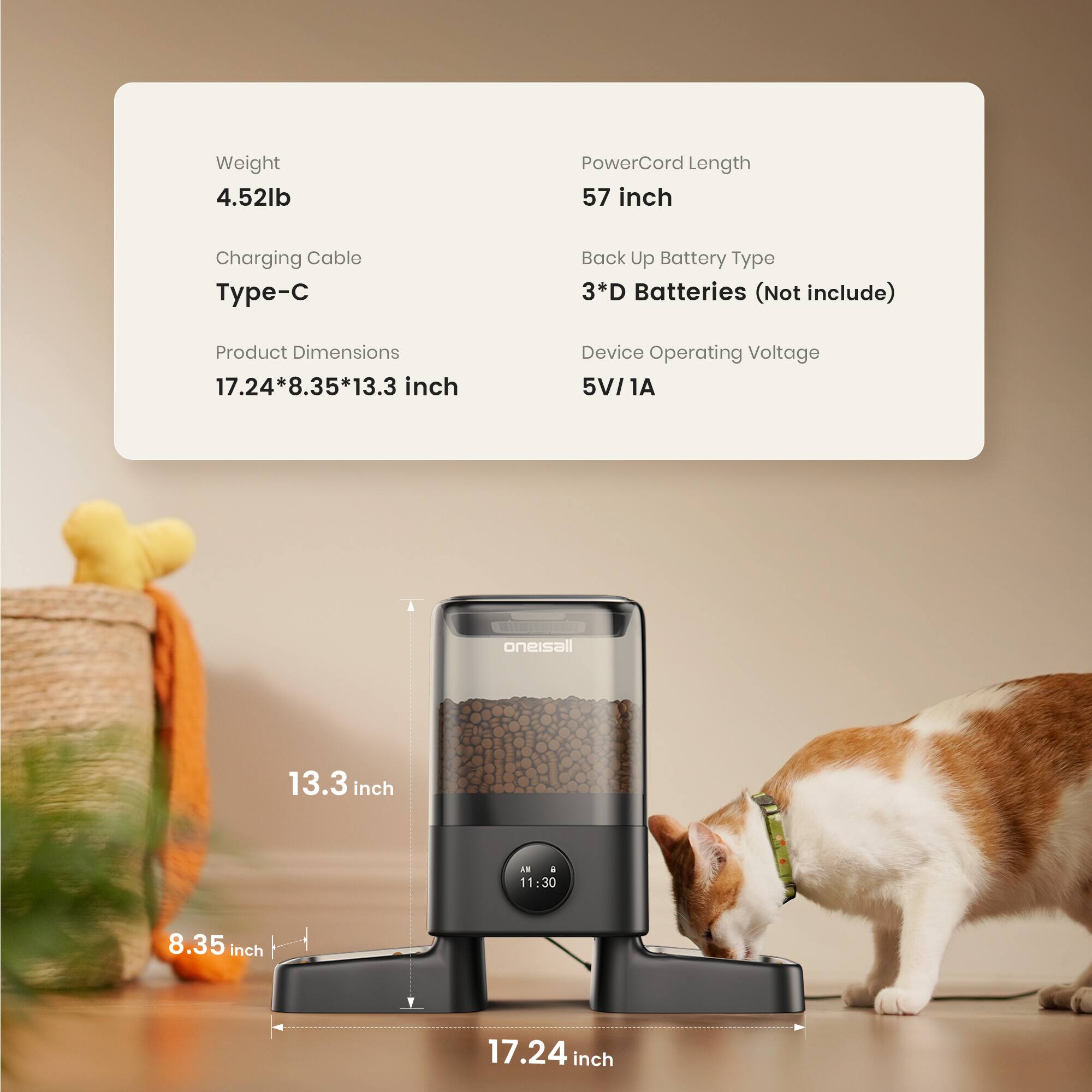Weight: 4.52lb  
Power Cord Length: 57 inch  
Charging Cable: Type-C  
Back Up Battery Type: 3*D Batteries (Not included)  
Product Dimensions: 17.24*8.35*13.3 inch  
Device Operating Voltage: 5V/1A
