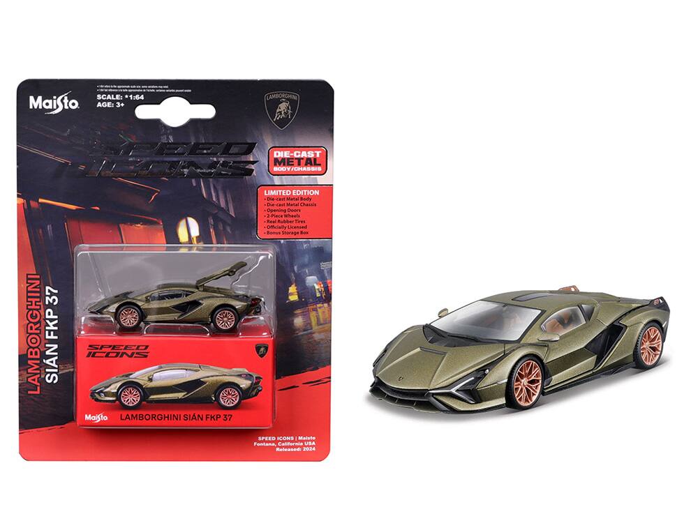 SCALE: 1:64  
AGE: 3+  
LAMBORGHINI DIE-CAST METAL BODY/CHASSIS  
37 LAMBORGHINI SIAN FKP 37 LIMITED EDITION  
Die-cast Metal Body  
Die-cast Metal Chassis  
Opening Doors  
Place Wheels  
Real Rubber Tires  
Officially Licensed  
Bonus Storage Box  
SPEED ICONS - Maisto  
Fontana, California USA  
Released: 2024